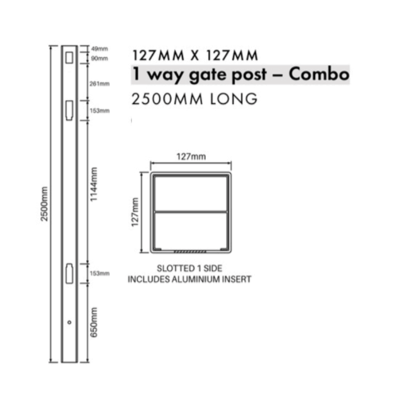 HAMPTONS COMBO 1 way GATE POST 2500mm long 127 x 127mm with Alum